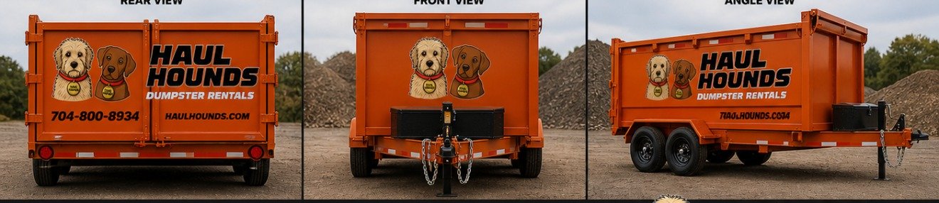 Rear, front, and angle views of the Haul Hounds dumpster trailer