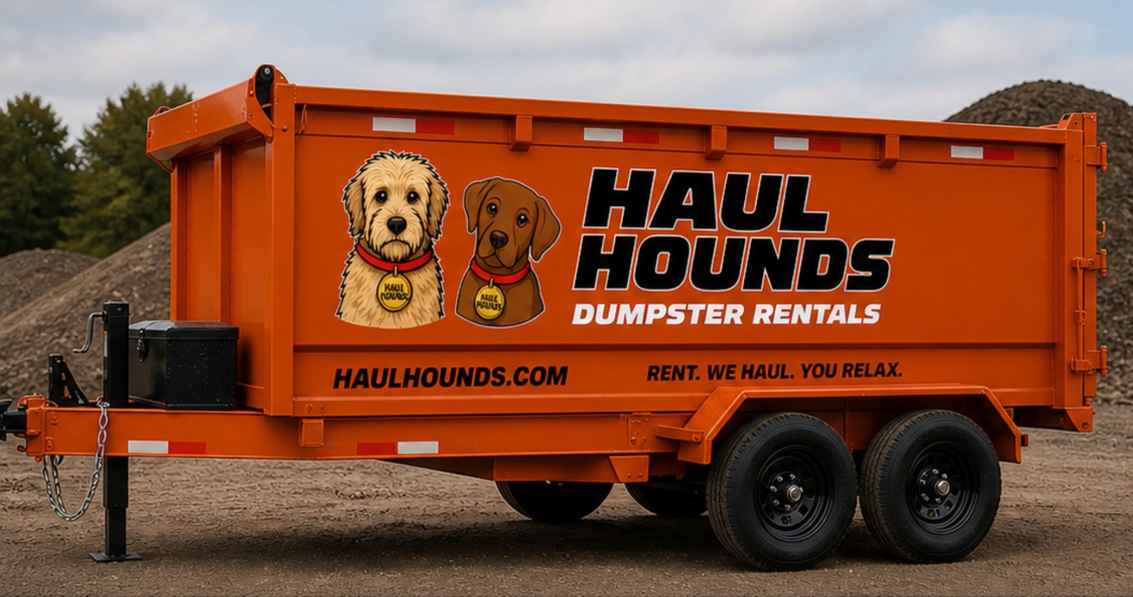 Haul Hounds orange roll-off dumpster trailer parked at a job site